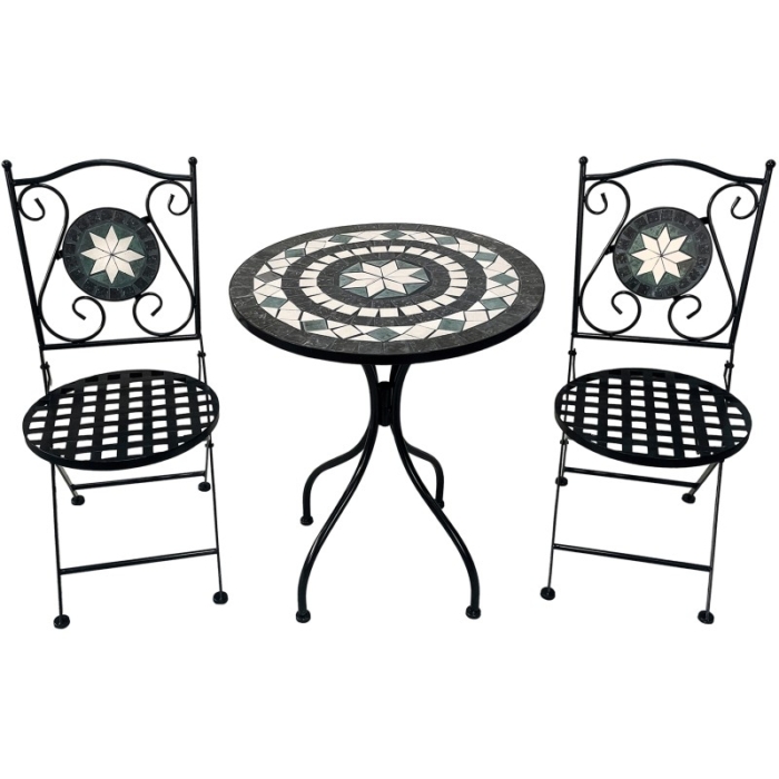 Set 2 Sillas Y Mesa Hierro/piedra Decoradas Mesa:ø60x71cm Silla:36x42x92c
