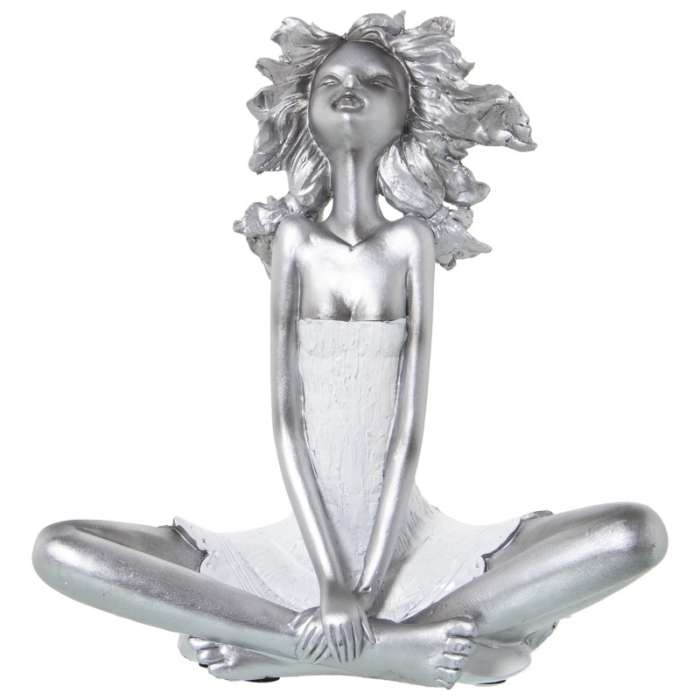 Figura Resina Niña Sentada Plateada
