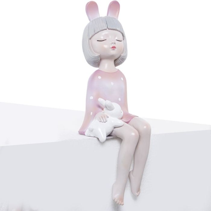 Figura Resina Chica Sentada Rosa C y Orejas y Conejito
