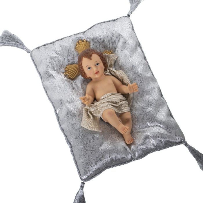 Figura Resina Niño Jesús 28Cm C y Cojín Gris y Plata Fig: Cojín: