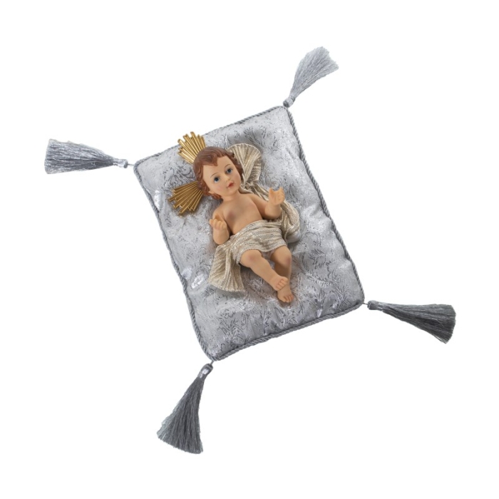 Figura Resina Niño Jesus 20Cm C y Cojín Gris y Plata Fig: Cojin: