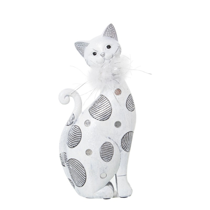 Figura Resina Gato Blanco y Plata C y Pluma Artificial