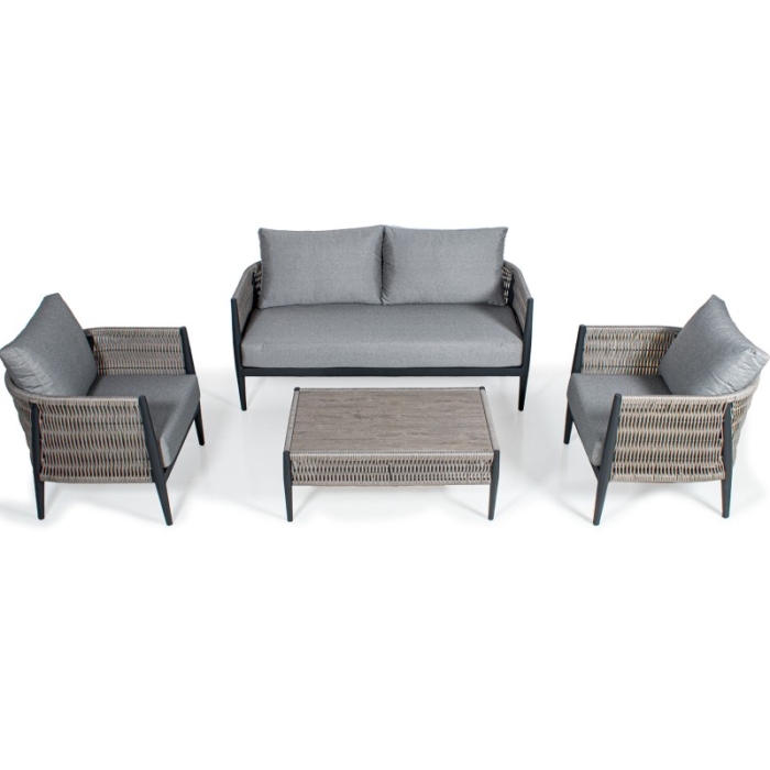 Set Sofá 2P y 2 Sillones y Mesa Centro Aluminio y Mimbre