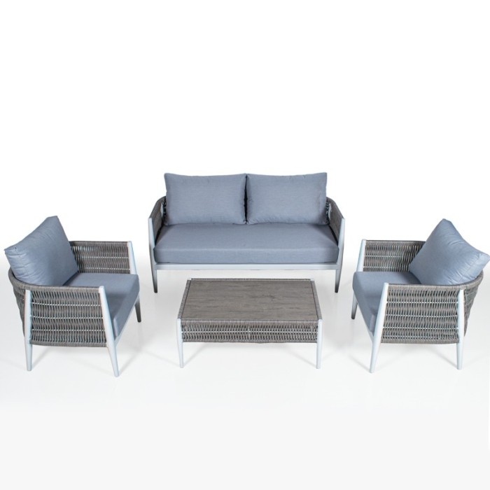 Set Sofá 2P y 2 Sillones y Mesa Centro Aluminio y Mimbre