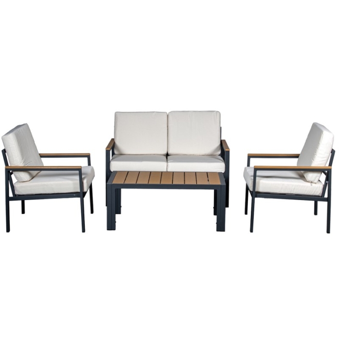 Set Sofá 2P y 2 Sillones y Mesa Aluminio Antracita Cojines Beige