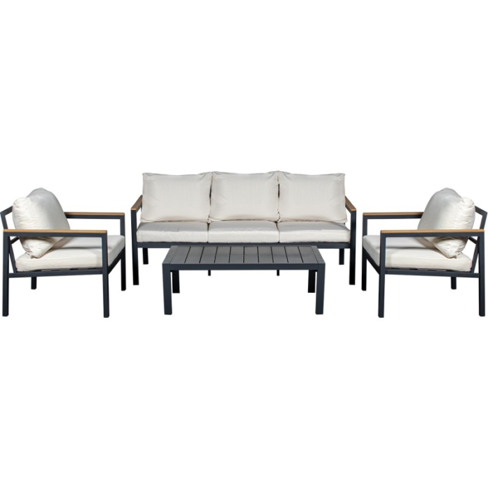 Set Sofá 3P y 2 Sillones y Mesa Aluminio Antracita Cojines Beige
