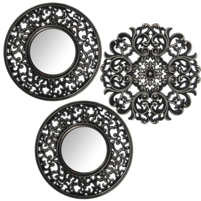 Set 3 Adornos Pared Melamina Plateada C y Espejo Ø25Cm (1 sin Espejo)