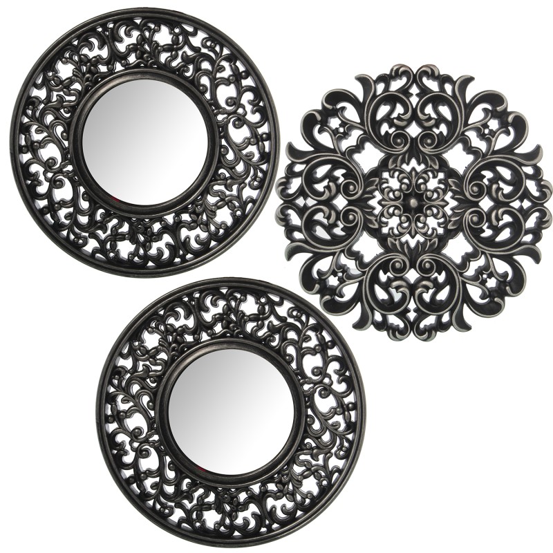 23127 Set 3 Adornos Pared Melamina Plateada C y Espejo Ø25Cm (1 sin Espejo) - Imagen 1