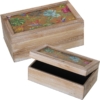Set 2 Cajas Rect. Madera y Ratán Decorado Flores y
