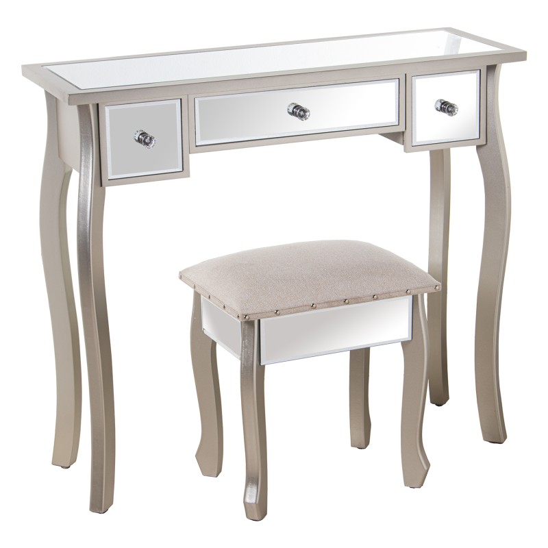 48931 Mesa Tocador Madera y Espejo C y Taburete Champagne y - Imagen 1