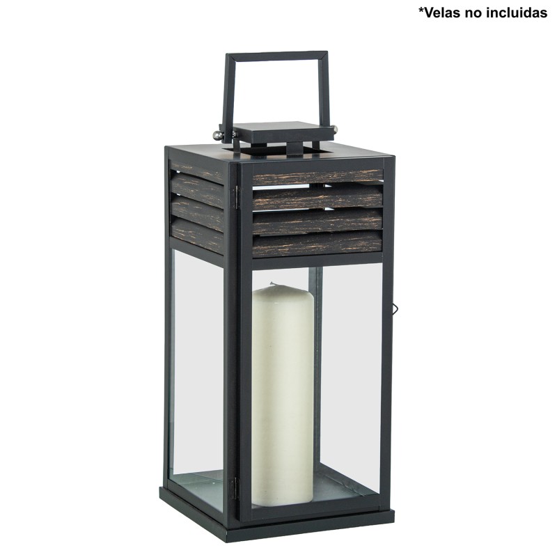 61374 Farol Portavelas 44Cm Metal Negro y Madera - Imagen 1