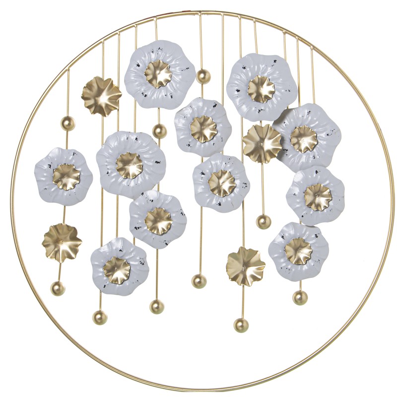 68333 Adorno Pared Metal Flores Blancas C y Aro Dorado y Hierro - Imagen 1